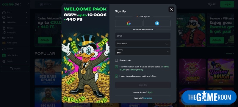 Registratie bij Kryptonim online casino CashoBet